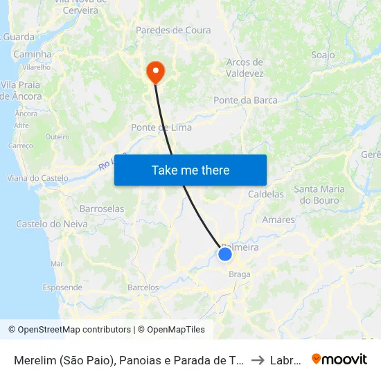 Merelim (São Paio), Panoias e Parada de Tibães to Labruja map