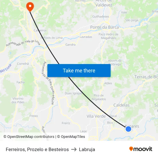 Ferreiros, Prozelo e Besteiros to Labruja map