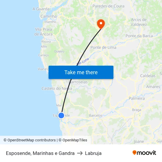 Esposende, Marinhas e Gandra to Labruja map