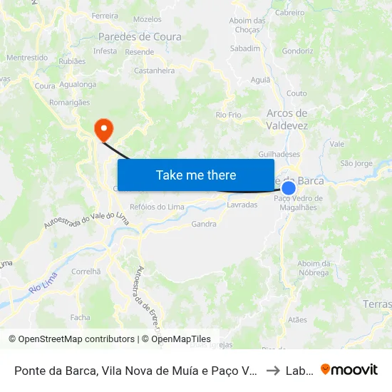 Ponte da Barca, Vila Nova de Muía e Paço Vedro de Magalhães to Labruja map