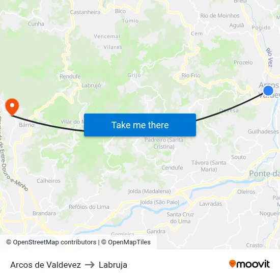 Arcos de Valdevez to Labruja map