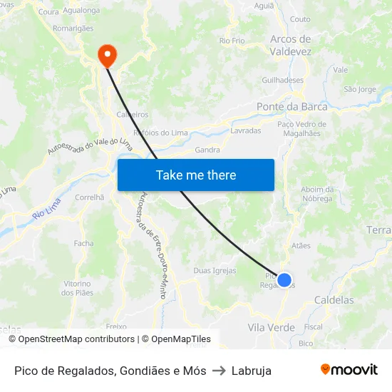 Pico de Regalados, Gondiães e Mós to Labruja map