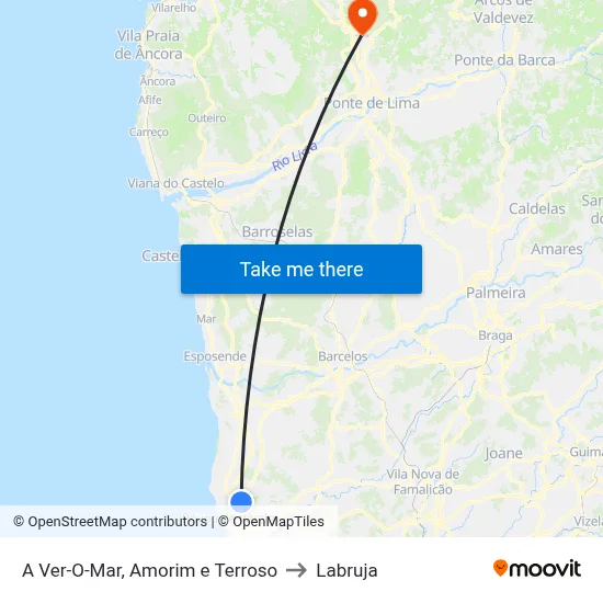 A Ver-O-Mar, Amorim e Terroso to Labruja map
