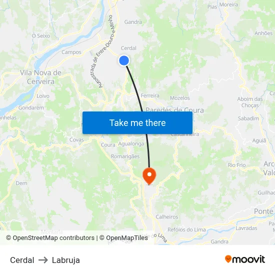 Cerdal to Labruja map