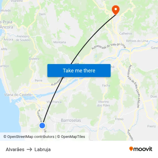 Alvarães to Labruja map