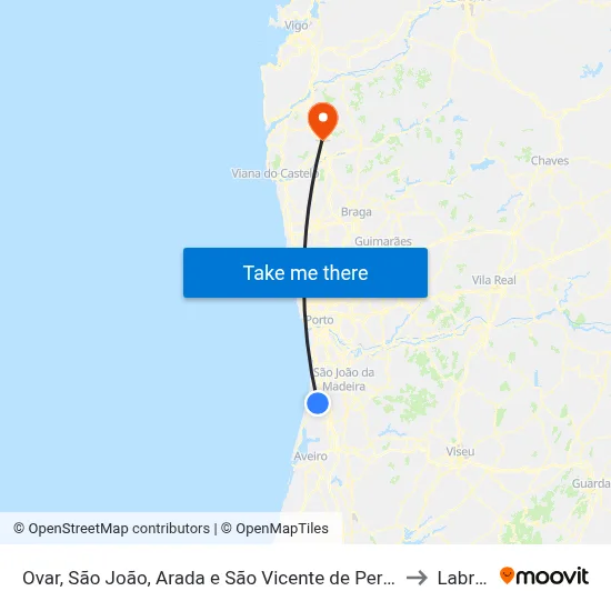 Ovar, São João, Arada e São Vicente de Pereira Jusã to Labruja map