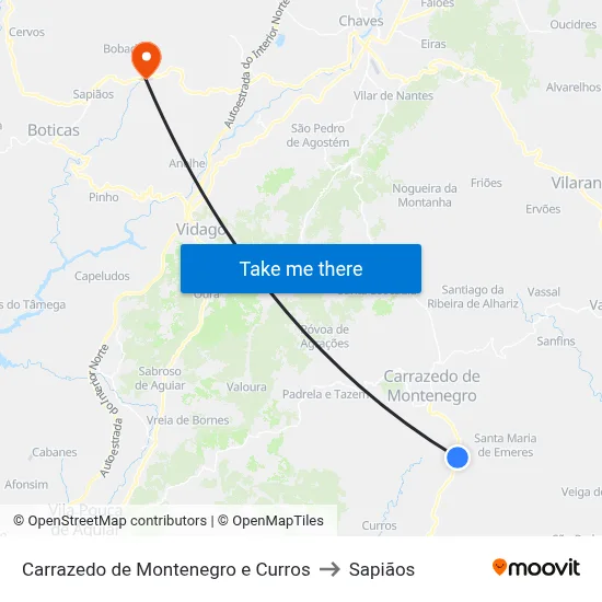 Carrazedo de Montenegro e Curros to Sapiãos map