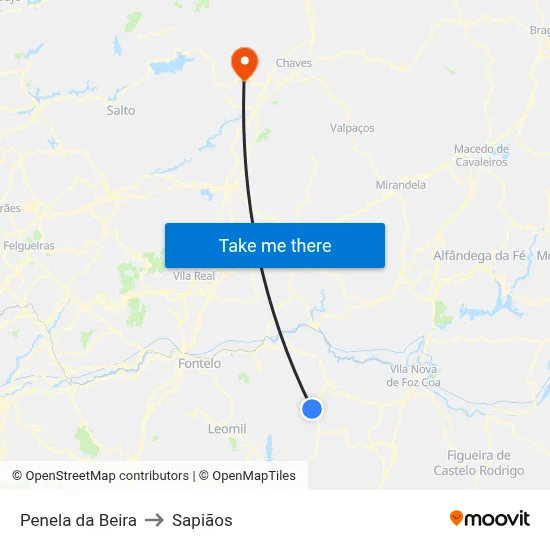 Penela da Beira to Sapiãos map
