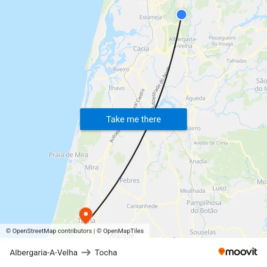 Albergaria-A-Velha to Tocha map