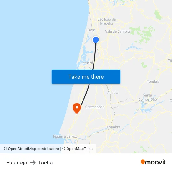 Estarreja to Tocha map