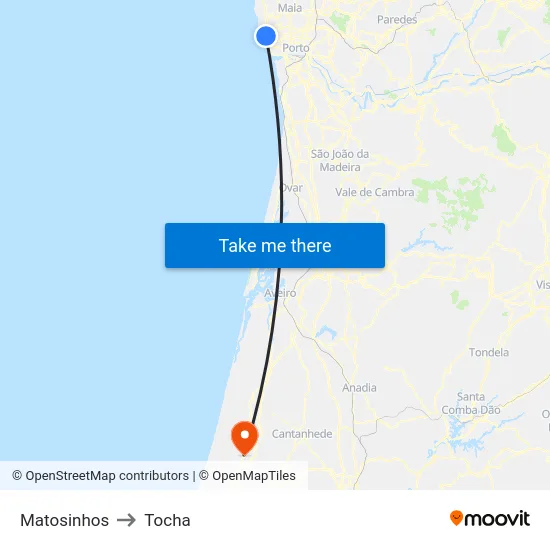 Matosinhos to Tocha map