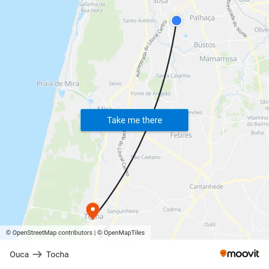 Ouca to Tocha map
