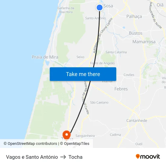 Vagos e Santo António to Tocha map