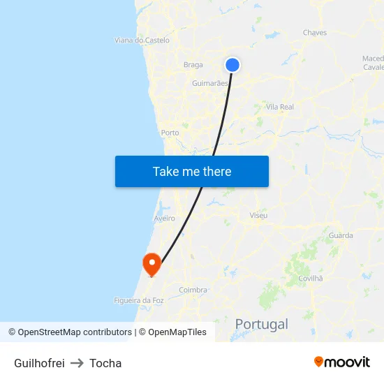 Guilhofrei to Tocha map