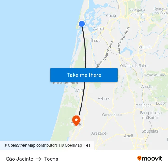 São Jacinto to Tocha map