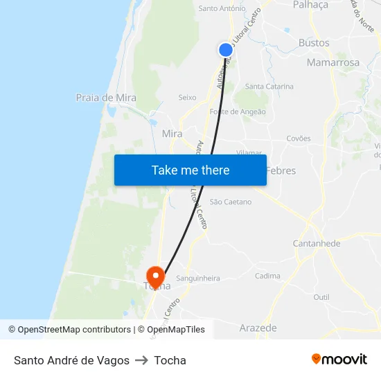Santo André de Vagos to Tocha map