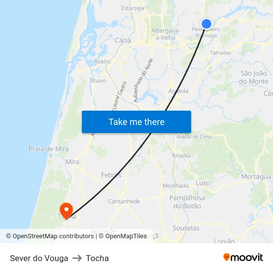 Sever do Vouga to Tocha map