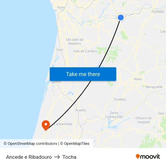 Ancede e Ribadouro to Tocha map