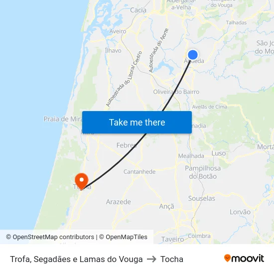 Trofa, Segadães e Lamas do Vouga to Tocha map