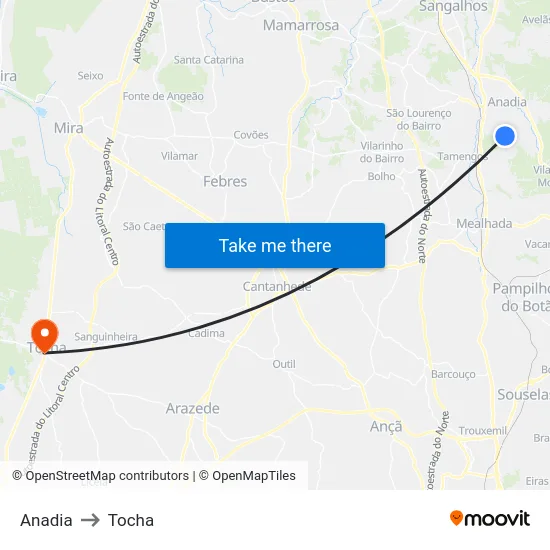 Anadia to Tocha map