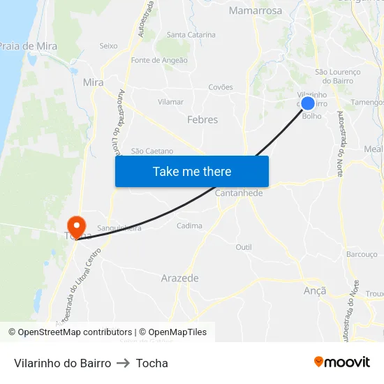 Vilarinho do Bairro to Tocha map