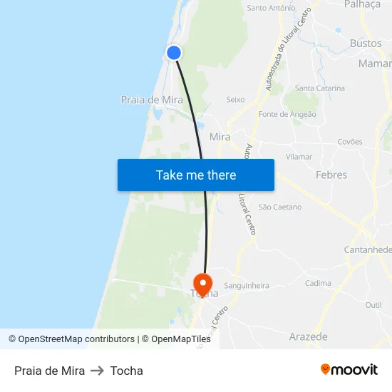 Praia de Mira to Tocha map