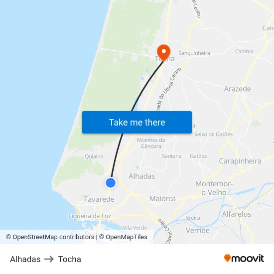 Alhadas to Tocha map