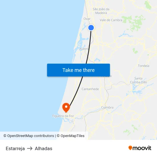 Estarreja to Alhadas map