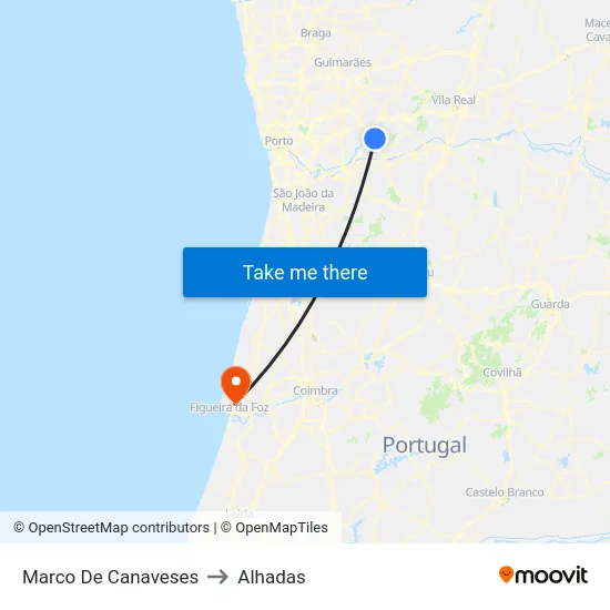 Marco De Canaveses to Alhadas map