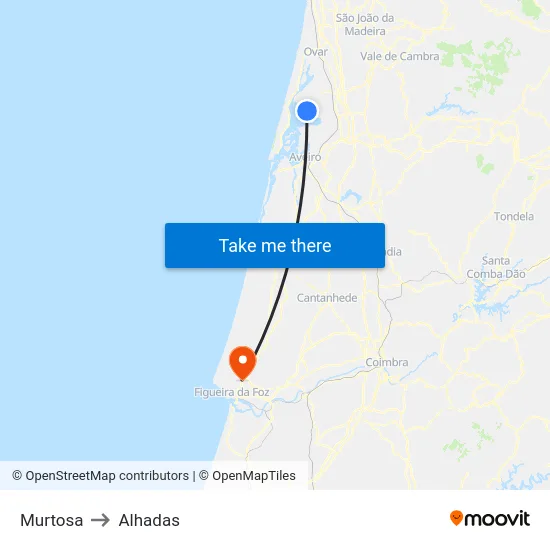Murtosa to Alhadas map