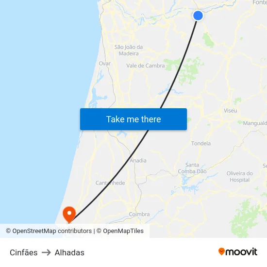 Cinfães to Alhadas map