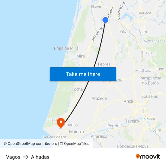 Vagos to Alhadas map