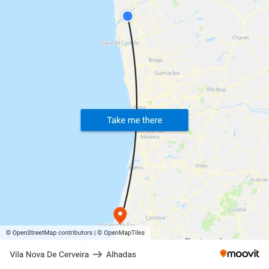 Vila Nova De Cerveira to Alhadas map