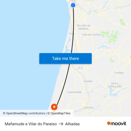 Mafamude e Vilar do Paraíso to Alhadas map