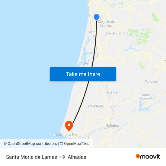 Santa Maria de Lamas to Alhadas map
