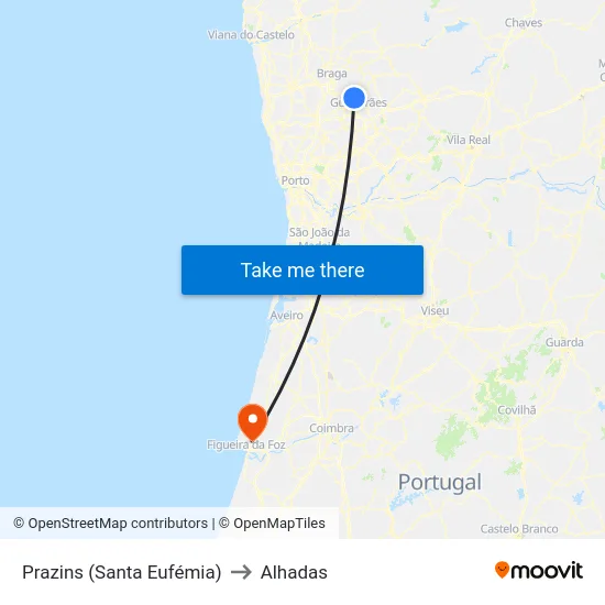 Prazins (Santa Eufémia) to Alhadas map