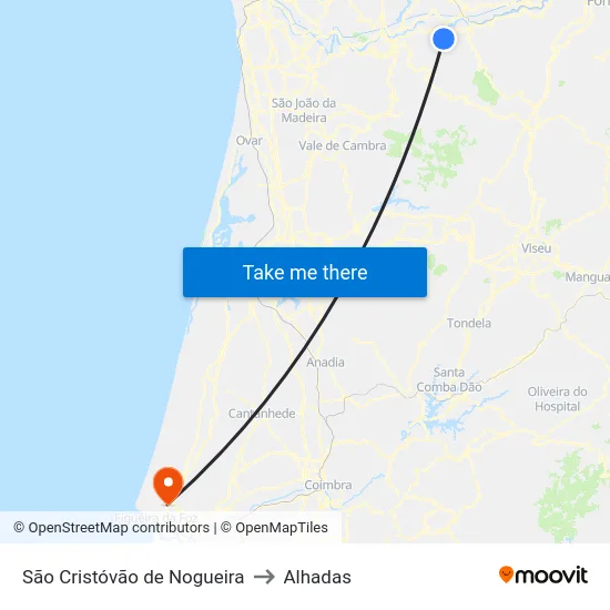 São Cristóvão de Nogueira to Alhadas map