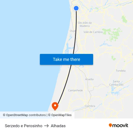 Serzedo e Perosinho to Alhadas map