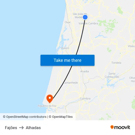 Fajões to Alhadas map