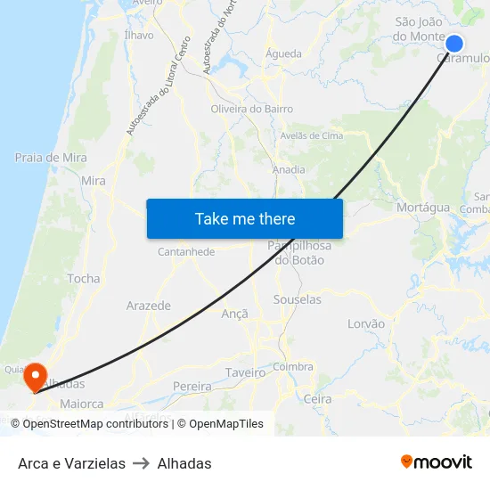 Arca e Varzielas to Alhadas map