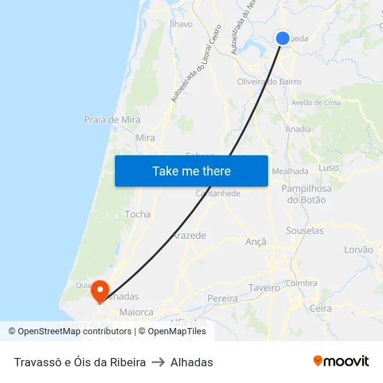 Travassô e Óis da Ribeira to Alhadas map