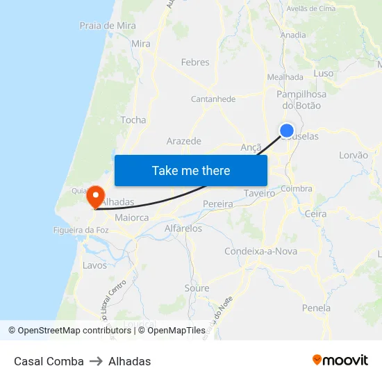 Casal Comba to Alhadas map