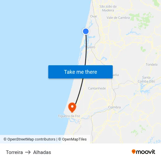 Torreira to Alhadas map