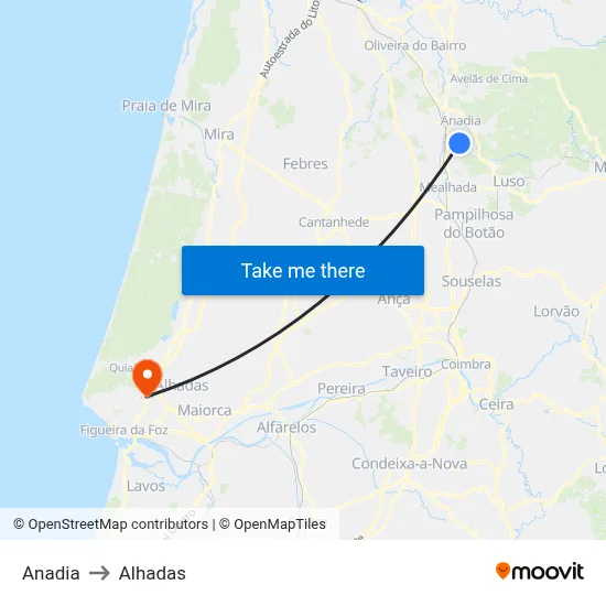 Anadia to Alhadas map
