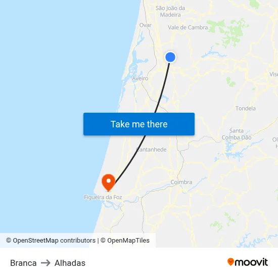 Branca to Alhadas map