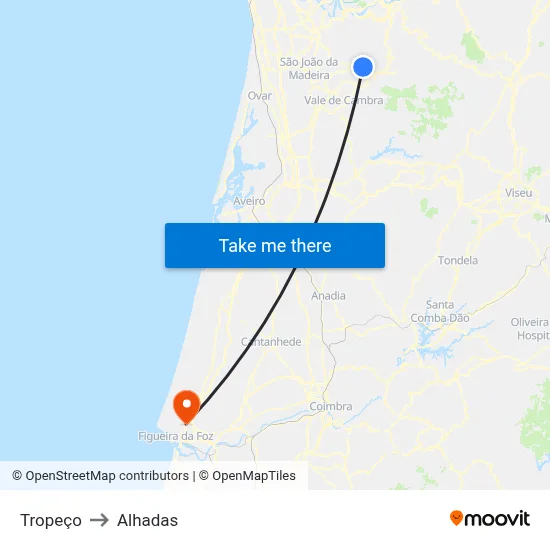 Tropeço to Alhadas map