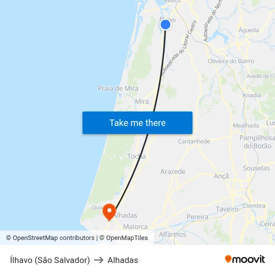 Ílhavo (São Salvador) to Alhadas map