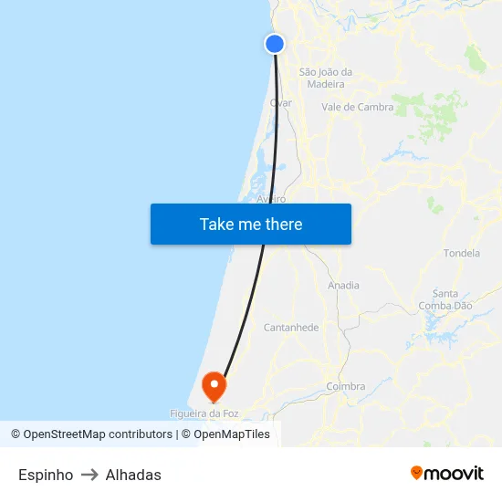 Espinho to Alhadas map