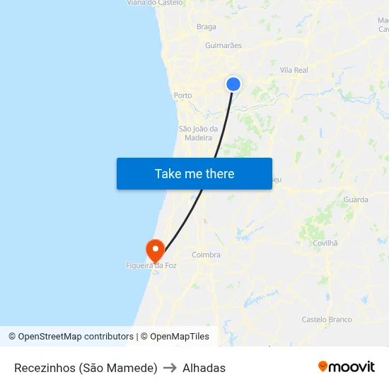 Recezinhos (São Mamede) to Alhadas map