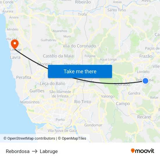 Rebordosa to Labruge map